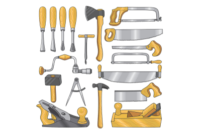 Colored illustrations of carpentry tools