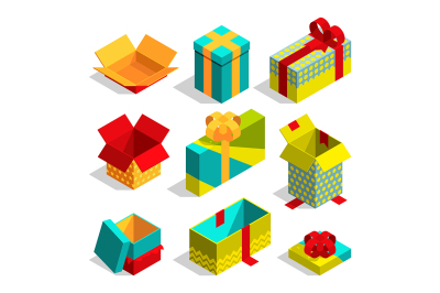 Different christmas box for gifts. Isometric pictures set