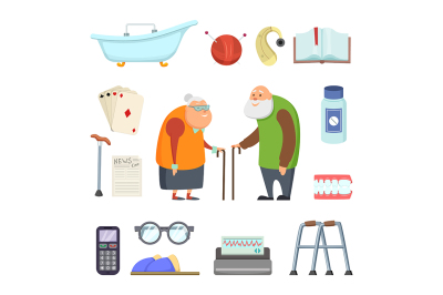 Old couple with assistants tools. Vector illustrations set in cartoon 