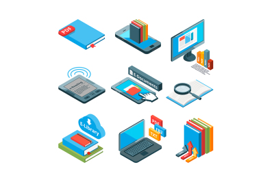 Isometric icons of electronic books and other gadgets for reading