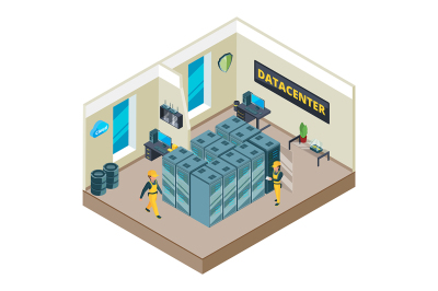 Isometric picture of interior of datacenter with specific equipment