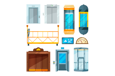 Set of different modern glass elevators