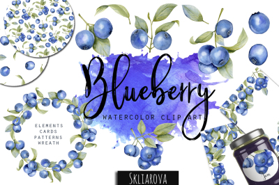 Blueberry. Watercolor clip art.