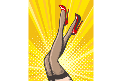 Pop Art female legs in stockings and red shoes