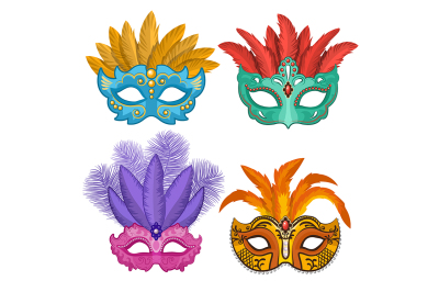 Colored pictures of carnival or theatre masks with feathers