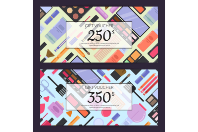 Vector gift card vouchers for beauty products with flat style makeup 