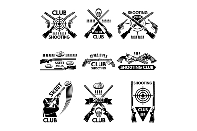 Labels set for shooting club. Illustrations of weapons, bullets, clay 