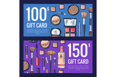 Vector gift card vouchers for beauty products with hand drawn makeup 