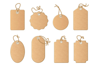 Different empty shop tags with linen ribbon or knot cord