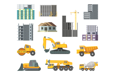 Big heavy yellow machines and modern buildings at construction stages