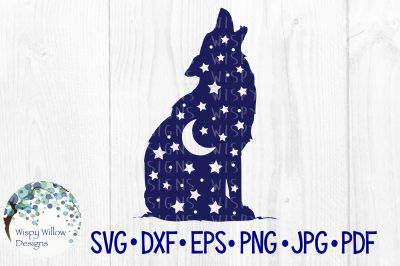 Howling Wolf, Stars, Moon, Sky, SVG/DXF/EPS/PNG/JPG/PDF