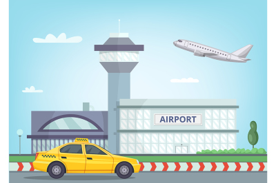 Urban background with airport building&2C; airplane in the sky and taxi