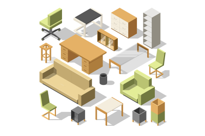 Isometric office furniture. 3d cabinet with table, chairs and armchair