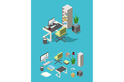 Isometric office workspace with different furniture and elements