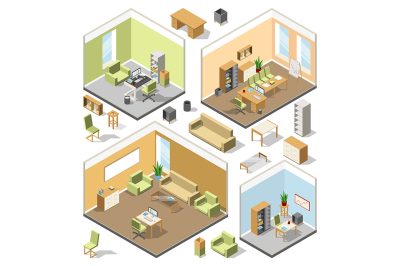 Different isometric workspaces with sectional furniture