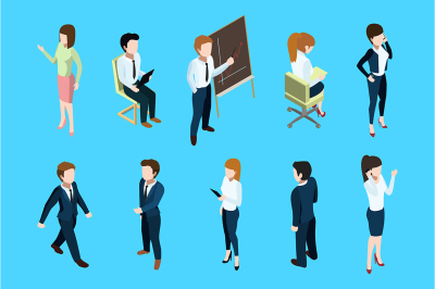 Isometric business people in different action poses