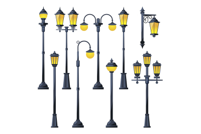 Vector illustration of old city lamps in cartoon style