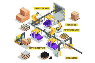 Car industry. Factory with auto production phases