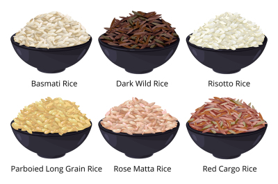 Different type of rice. Long grain, brown, white and other