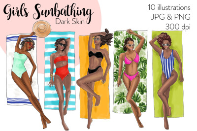 Watercolor Fashion Clipart - Girls Sunbathing - Dark Skin