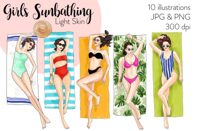 Watercolor Fashion Clipart - Girls Sunbathing - Light Skin