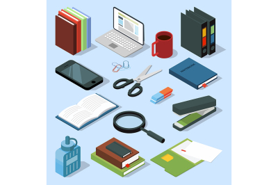 3d office equipment isometric set. Books, folders, pencils 