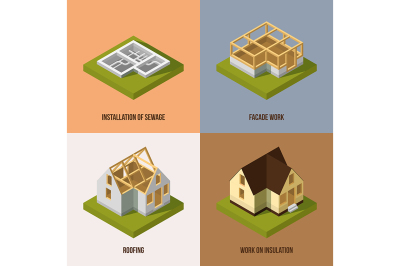 Different construction stages. Isometric vector pictures