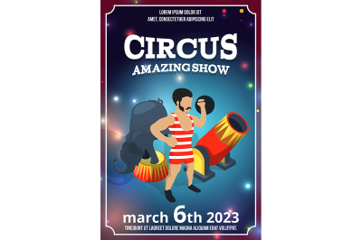 Poster design of circus show. Magic carnival illustrations in cartoon 