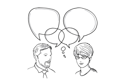 Hand drawn illustration of dialog between man and woman