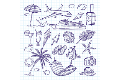 Summer hand drawn elements. Sun, umbrella, backpack and other symbols 