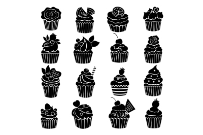 Big monochrome set of different cupcakes and muffins