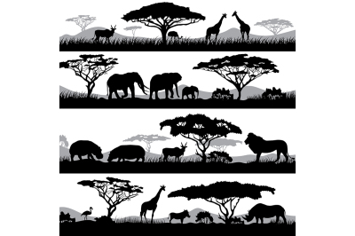 Wild african life. Background silhouettes of different animals 