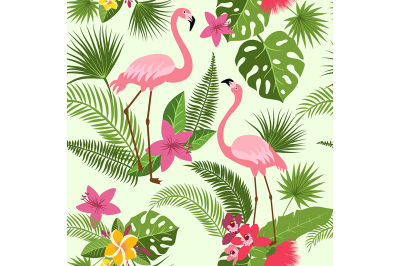 Vector seamless pattern with flamingo&2C; tropical flowers and palm tree.