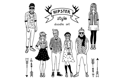 Hand drawn illustration of funky fashioned hipsters characters