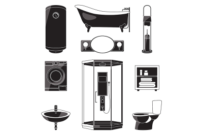 Monochrome illustrations of bathroom furniture 