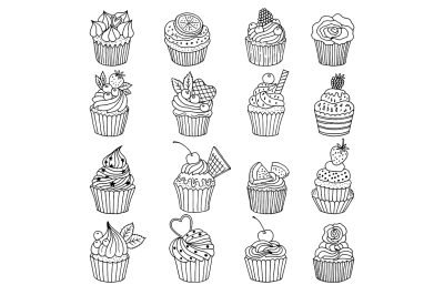 Doodle set of cupcakes. Hand drawn vector illustrations 