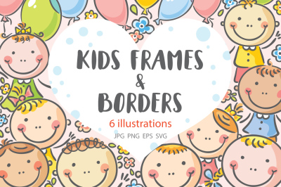 Cartoon kids frames and borders vector illustration set
