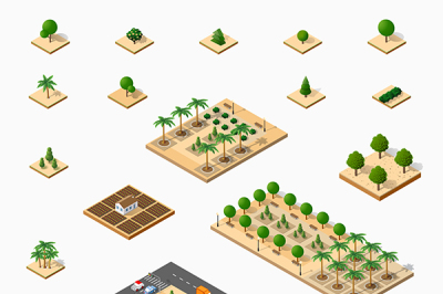 Isometric 3D set park with trees