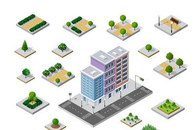 Isometric 3D set park with trees of