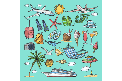 Different hand drawn coloring summer icons set. Tropical illustrations