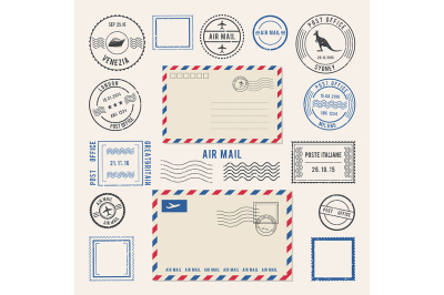 Vector illustrations of letters and postmarks, airmail designs