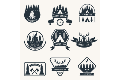 Adventure monochrome badges set. Silhouette of tent