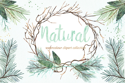Natural. Winter forest watercolor clipart.
