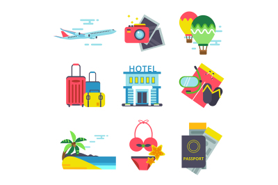 Travel time icon set in flat style. Vector signs of summer holidays