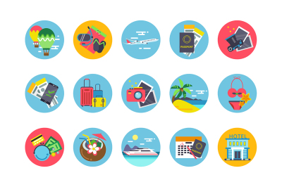 Travel icons set in colored circle shapes