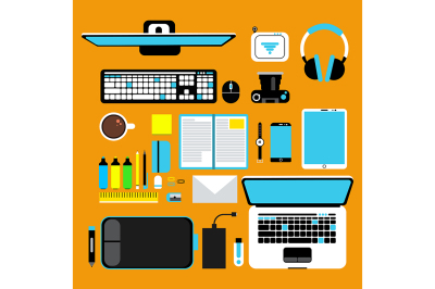 Computer gadgets top view. Vector promotional pictures set 