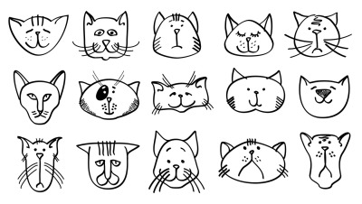 Cute cat heads in hand drawn style. Vector illustration