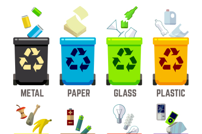 Recycle bins with different types of waste