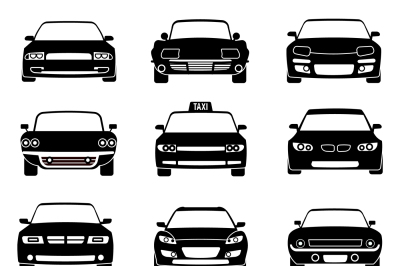 Cars in front view black vector icons