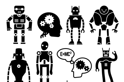 Robots, cyborgs, androids and artificial intelligence vector icons